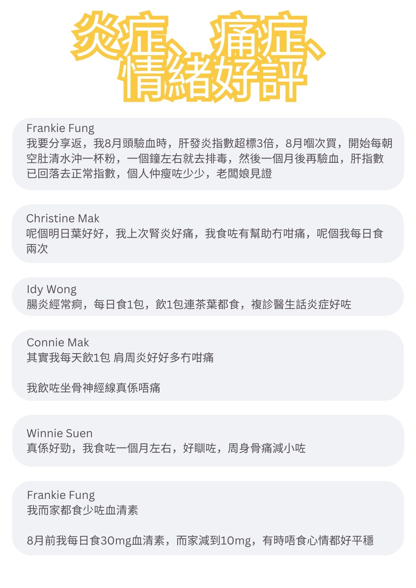 我要分享返，我8月頭驗血時，肝發炎指數超標3倍，8月嗰次買，開始每朝空肚清水沖一杯粉，一個鐘左右就去排毒，然後一個月後再驗血，肝指數已回落去正常指數，個人仲瘦咗少少，老闆娘見證

呢個明日葉好好，我上次腎炎好痛，我食咗有幫助冇咁痛，呢個我每日食兩次

腸炎經常痾，每日食1包，飲1包連茶葉都食，複診醫生話炎症好咗

其實我每天飲1包 肩周炎好好多冇咁痛
我飲咗坐骨神經線真係唔痛

真係好勁，我食咗一個月左右，好瞓咗，周身骨痛減小咗

我而家都食少咗血清素
8月前我每日食30mg血清素，而家減到10mg，有時唔食心情都好平穩