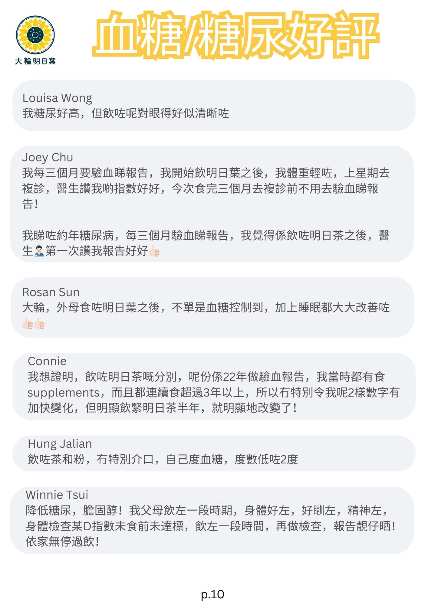 我糖尿好高，但飲咗呢對眼得好似清晰咗

我每三個月要驗血睇報告，我開始飲明日葉之後，我體重輕咗，上星期去複診，醫生讚我啲指數好好，今次食完三個月去複診前不用去驗血睇報告！
我睇咗約年糖尿病，每三個月驗血睇報告，我覺得係飲咗明日茶之後，醫生2第一次讚我報告好好

大輪，外母食咗明日葉之後，不單是血糖控制到，加上睡眠都大大改善咗

我想證明，飲咗明日茶嘅分別，呢份係22年做驗血報告，我當時都有食supplements，而且都連續食超過3年以上，所以冇特別令我呢2樣數字有加快變化，但明顯飲緊明日茶半年，就明顯地改變了！