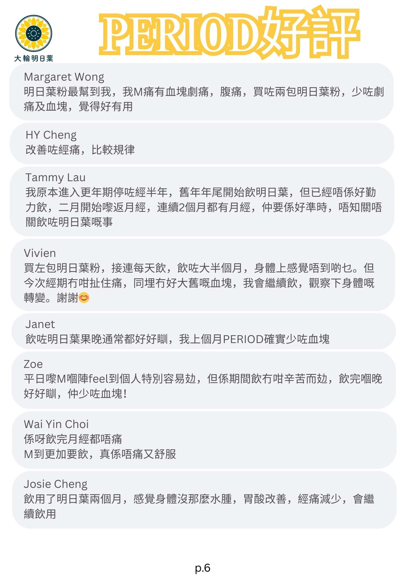 明日葉粉最幫到我，我M痛有血塊劇痛，腹痛，買咗兩包明日葉粉，少咗劇痛及血塊，覺得好有用

改善咗經痛，比較規律

我原本進入更年期停咗經半年，舊年年尾開始飲明日葉，但已經唔係好勤力飲，二月開始嚟返月經，連續2個月都有月經，仲要係好準時，唔知關唔關飲咗明日葉嘅事

買左包明日葉粉，接連每天飲，飲咗大半個月，身體上感覺唔到啲乜。但今次經期冇咁扯住痛，同埋冇好大舊嘅血塊，我會繼續飲，觀察下身體嘅轉變。謝謝

飲咗明日葉果晚通常都好好瞓，我上個月PERIOD確實少咗血塊

平日嚟M嗰陣feel到個人特別容易攰，但係期間飲冇咁辛苦而攰，飲完嗰晚好好瞓，仲少咗血塊！

係呀飲完月經都唔痛
M到更加要飲，真係唔痛又舒服